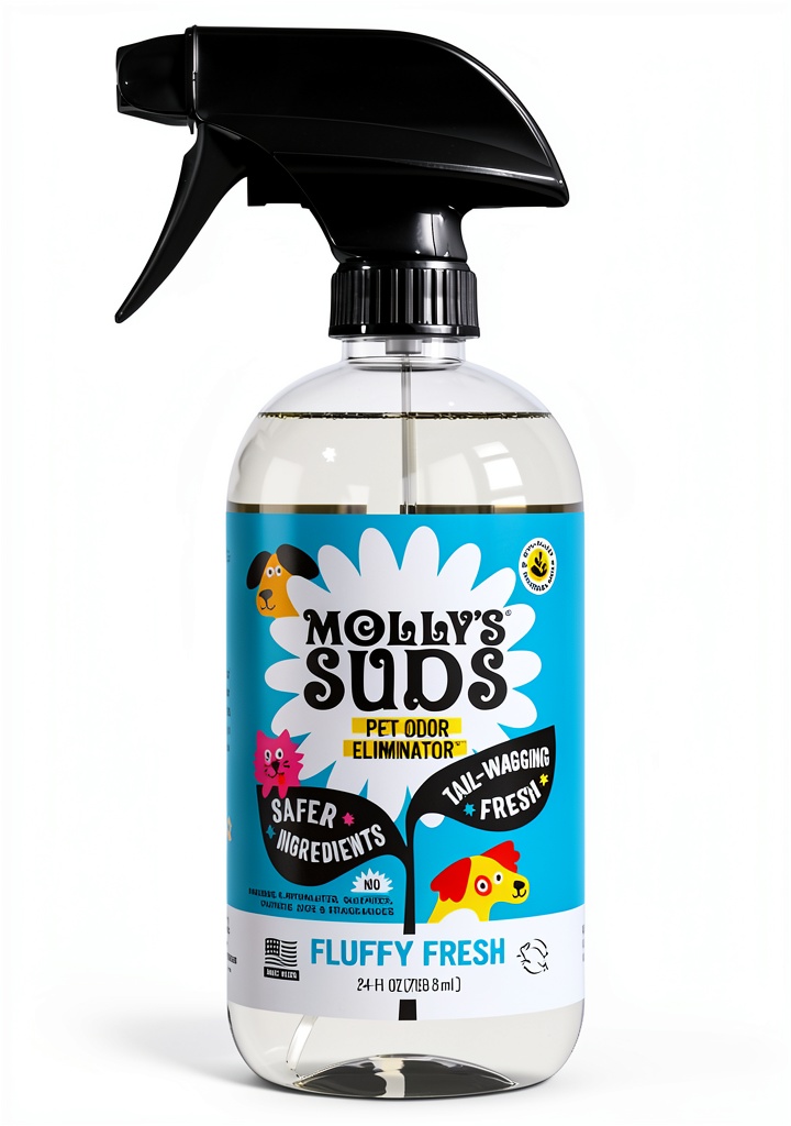 Molly's Suds Pet Odor Remover bottle on a carpet with a pet in the background