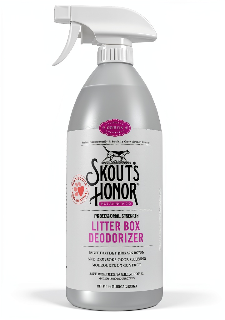 Skout's Honor Litter Box Deodorizer bottle next to a clean litter box