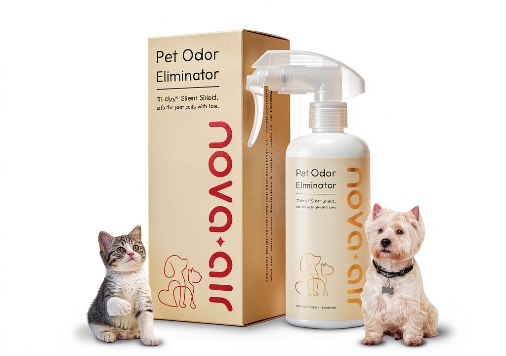 'Ti-Oxy Pet Odor Remover bottle on a clean carpet'
