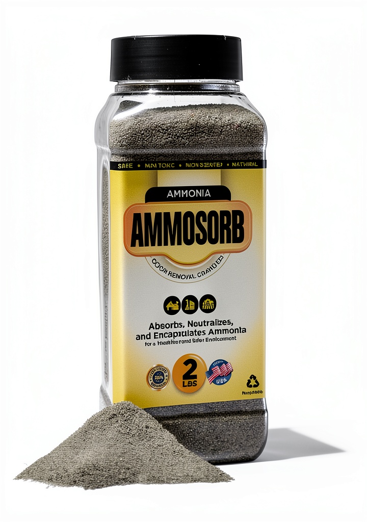 IMTEK AmmoSorb odor eliminator sprinkled on carpet near litter box