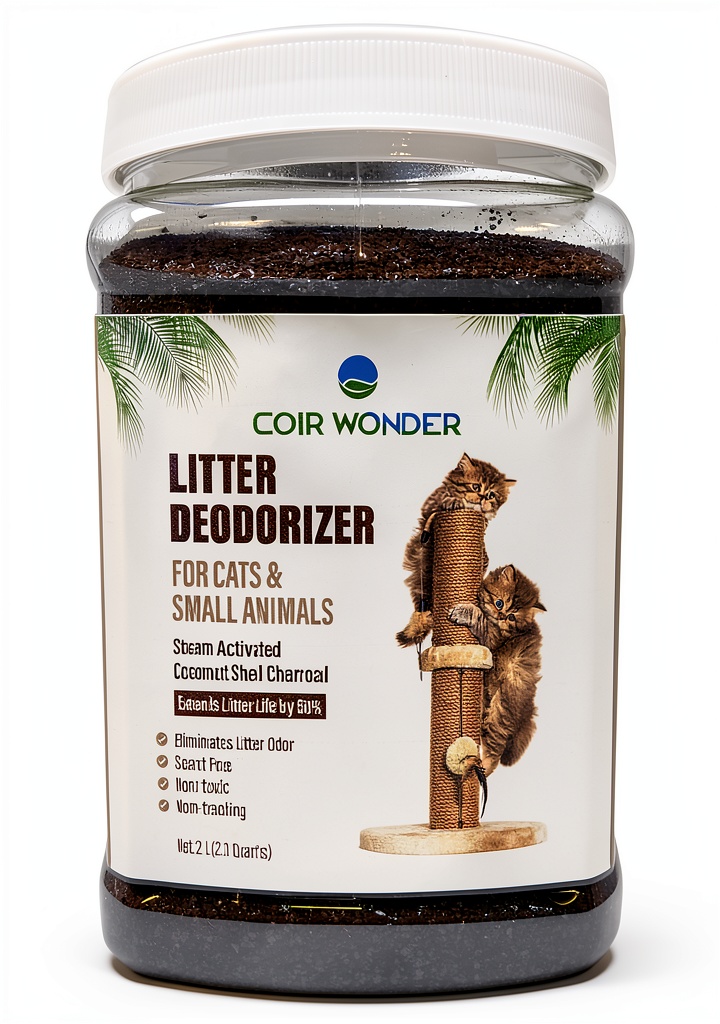 Organic Verdana Activated Charcoal Deodorizer jar next to a cat litter box